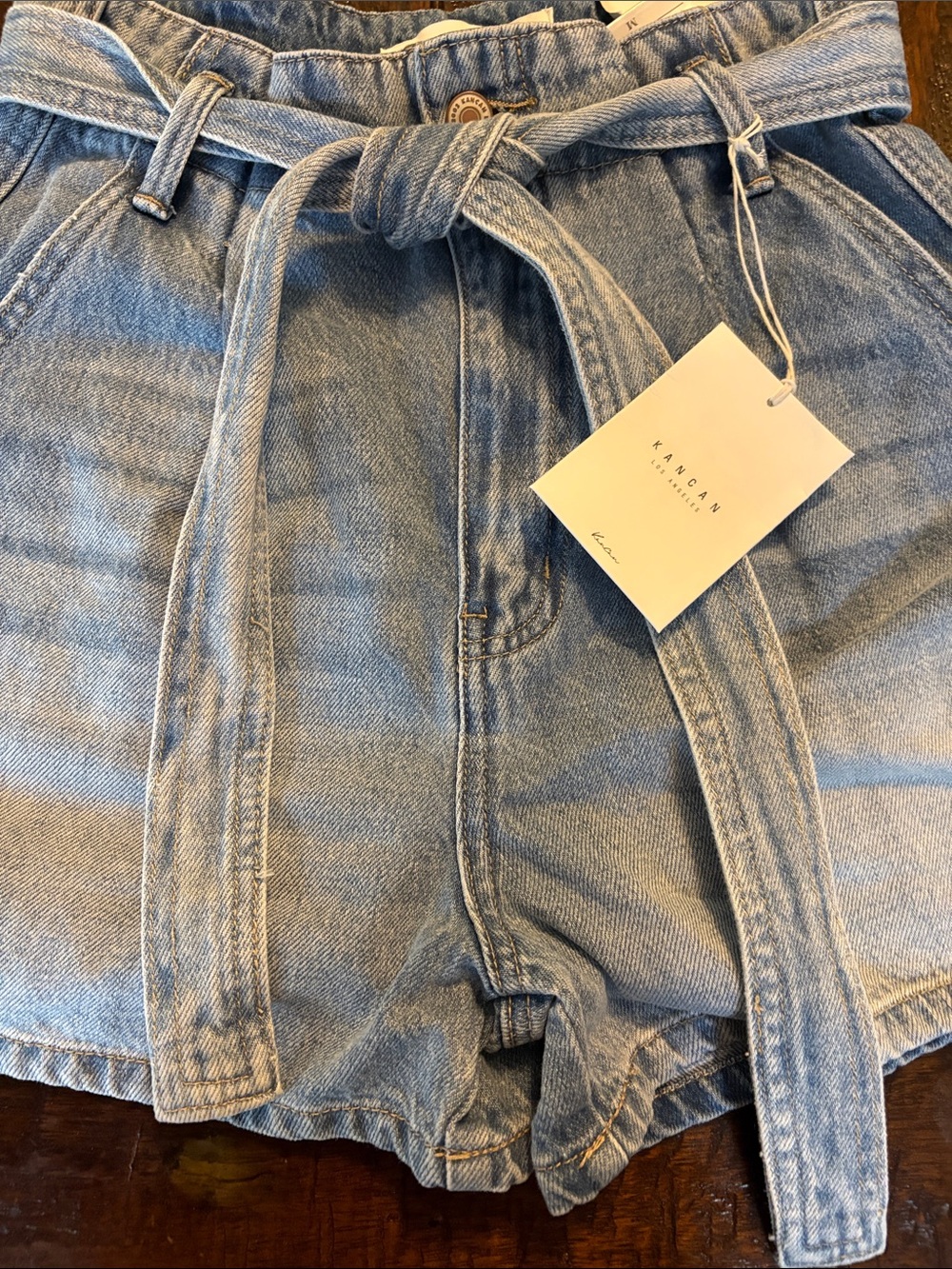 KanCan Light Blue High-Waist Tie-Belt Denim Shorts - Picture 2 of 6